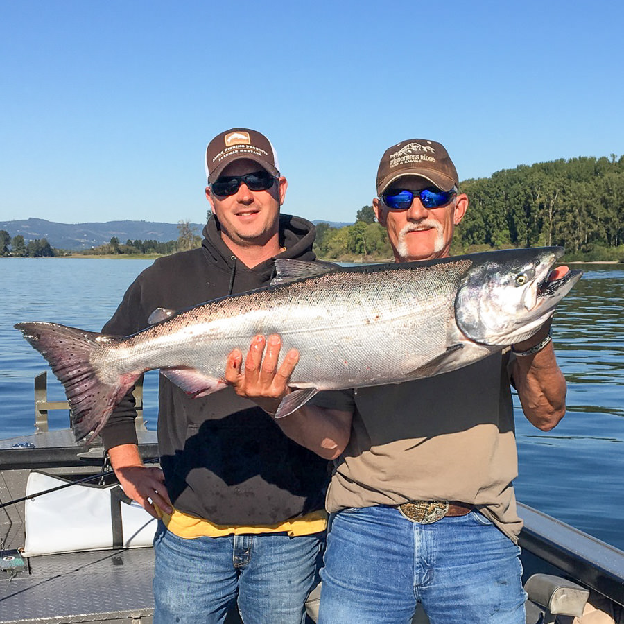 Man holds up fall chinook salmon caught on the Columbia River with Oregon fishin guide Mike Hazen