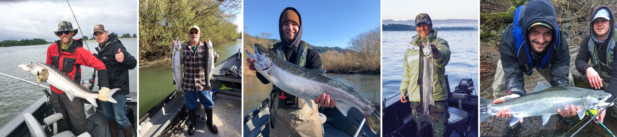 Salmon steelhead sturgeon Tillamook Oregon fishing guide charter Collage of photos from guided salmon fishing charter out of Tillamook, Oregon and on the Columbia River