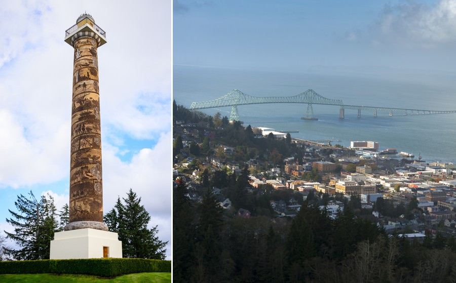 Astoria Column and the view from up above looking down at the Megler bridge and Columbia River
