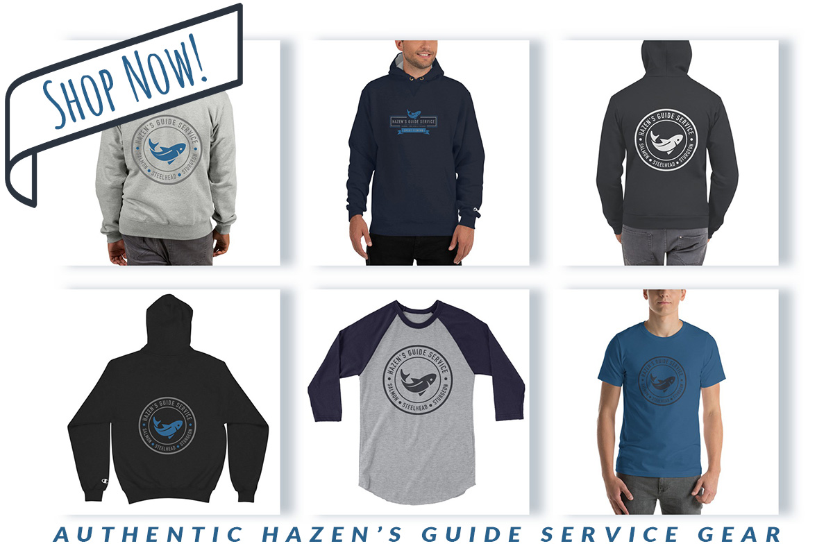 Collection of Hazen's Guide Service Gear featuring various clothing items with logo designs. Top row has three hoodies in grey, black, and grey with a blue logo. Bottom row includes a black hoodie, grey and navy baseball shirt, and a blue t-shirt. Shop Now! Authentic Hazen’s Guide Service Gear from Puget Island, Washington.