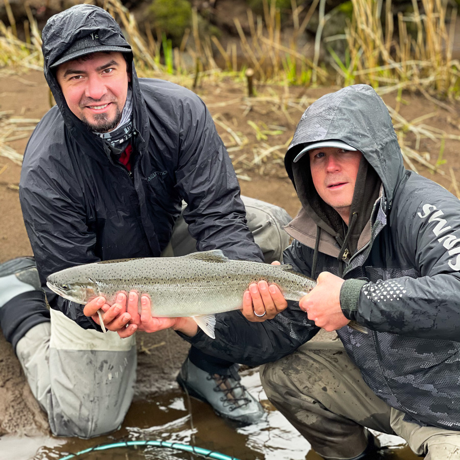 Mike Hazen and a happy client hold up a wild winter steelhead on the Wilson River during a guided fishing trip